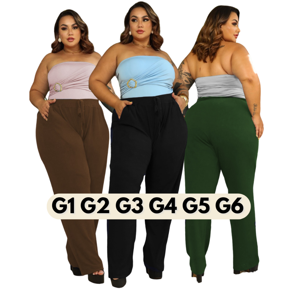 Calça Pantalona Plus Size Estilosa Cintura Alta Com Elastico Canelado Premium G1 ao G6 em Oferta na Shopee