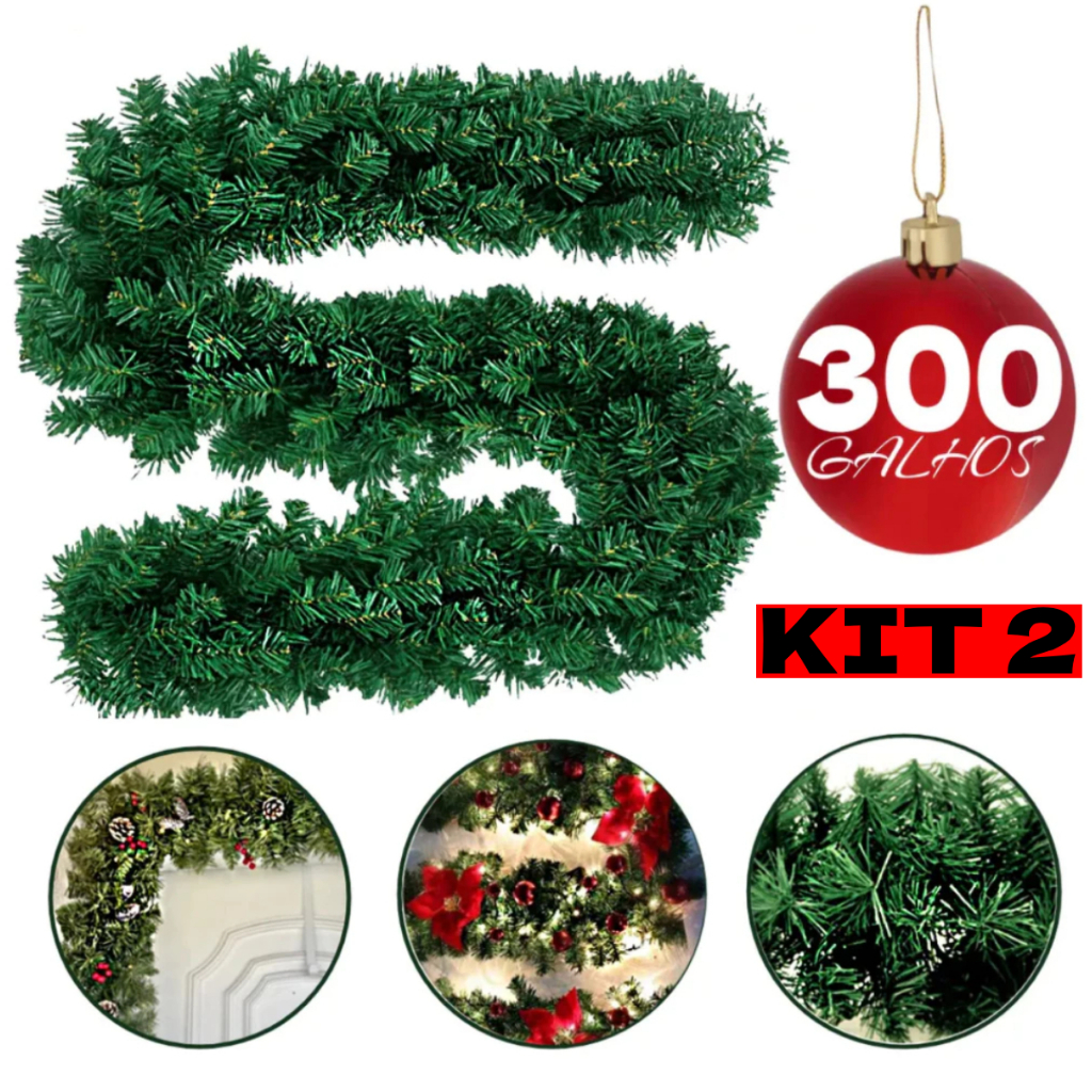Kit 2 Festão Aramado Natal Grosso 270 Metros C/ 300 Galhos Cheios Flexível Decoração