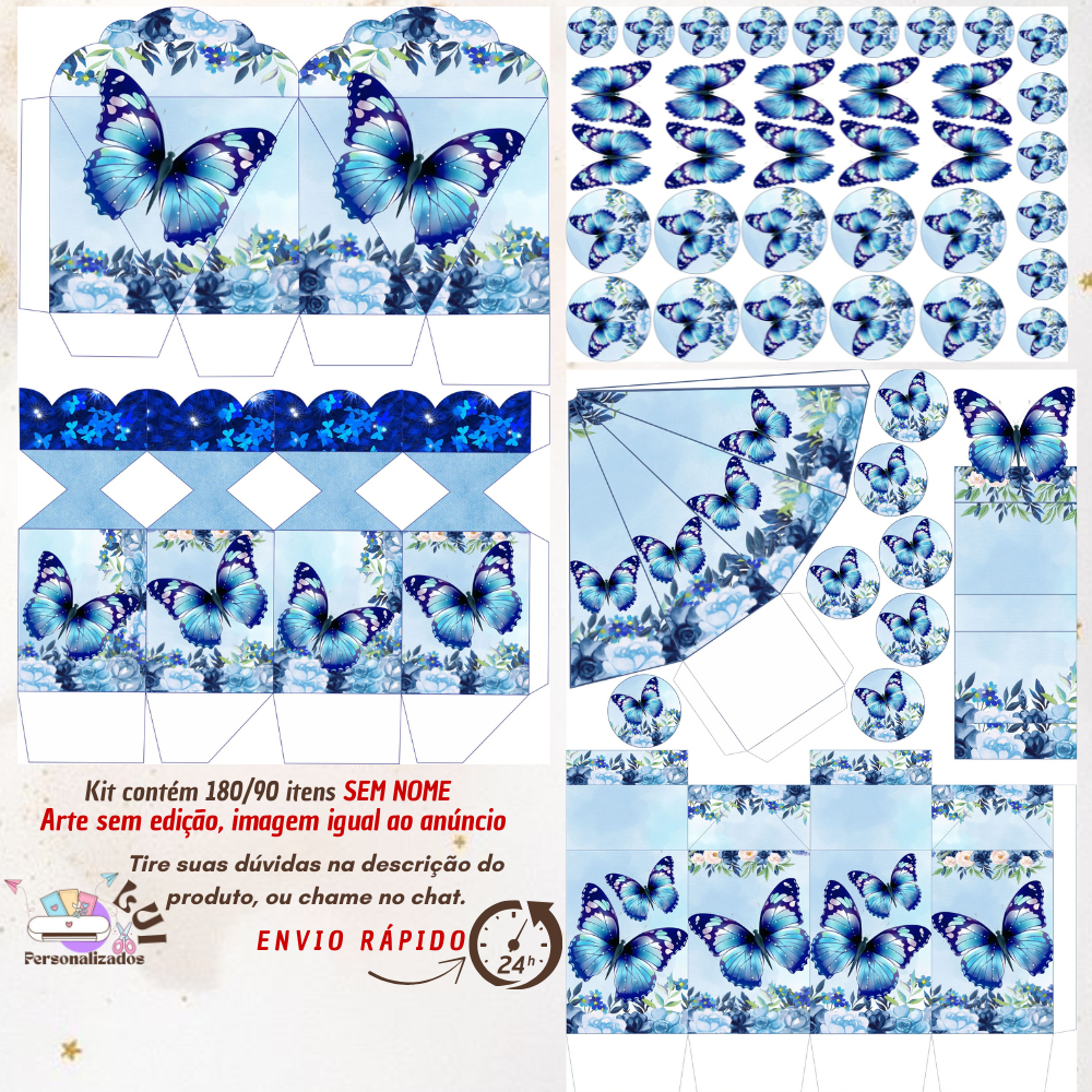 KIT COM 180/90 ITENS LEMBRANCINHAS S/COM NOME TEMA: BORBOLETA AZUL (Envio Rápido) em Oferta na Shopee