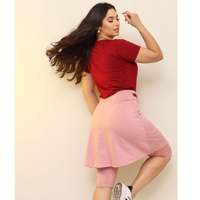 Conjunto Fitness Moda Evangélica Cristã Modesta Feminino Short Saia Godê + Blusa para Exercícios