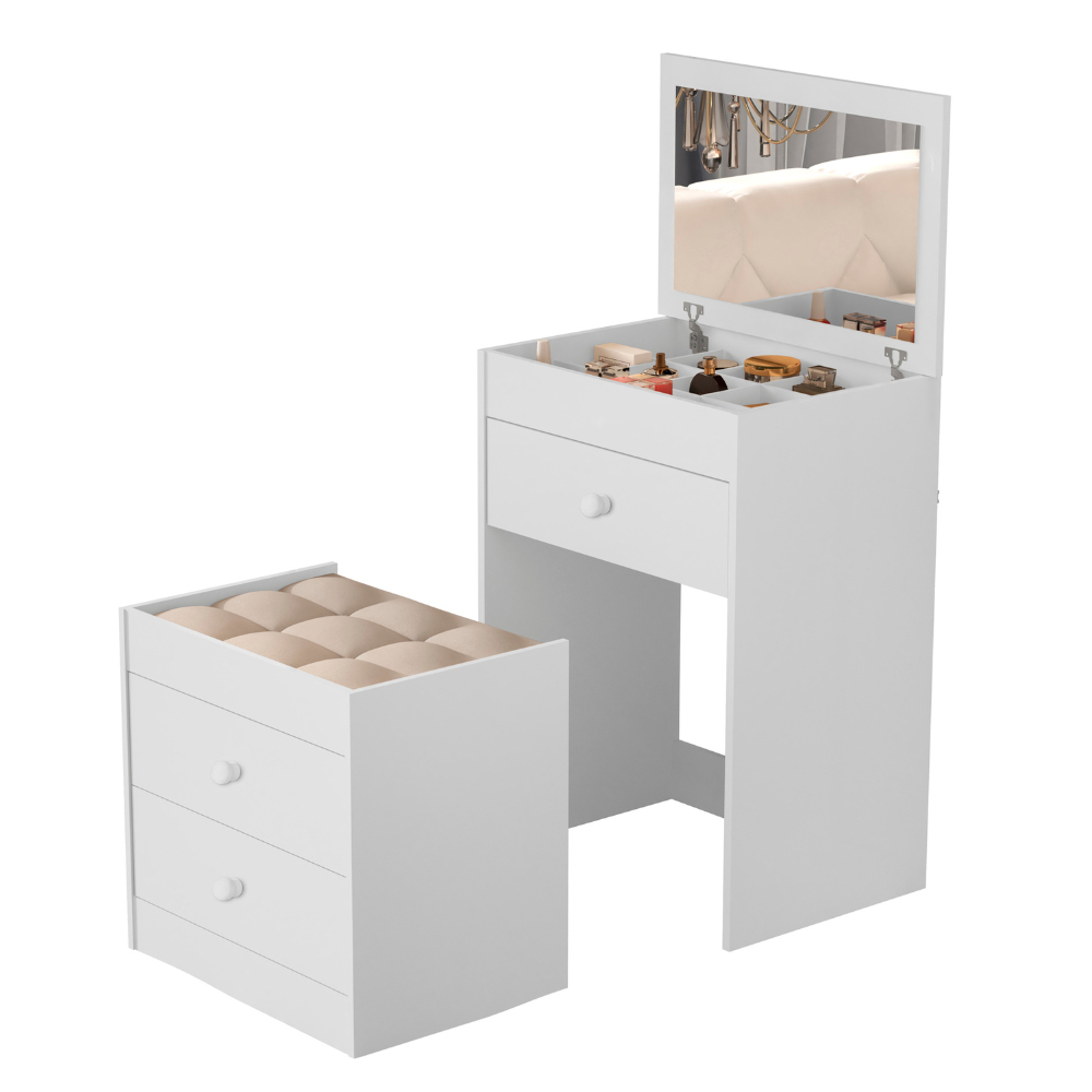 Penteadeira Com 3 Gavetas Banqueta Almofadada e Espelho Corrediças Telescópicas Quarto Cor...