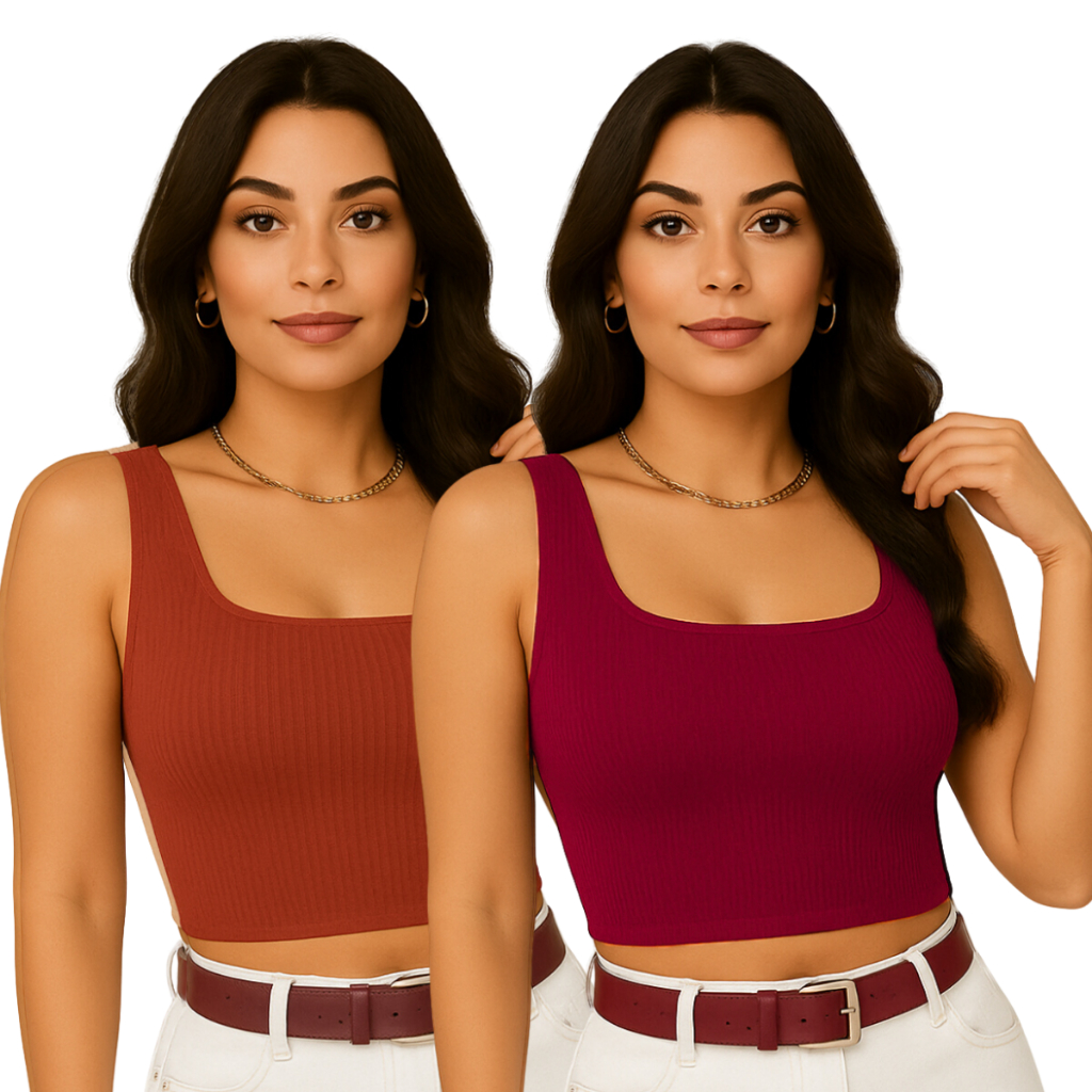 Kit 2 Croppeds Top Alça Larga Blusinha Regata Feminina Decote Quadrado  Praia Moda Blogueira Verão