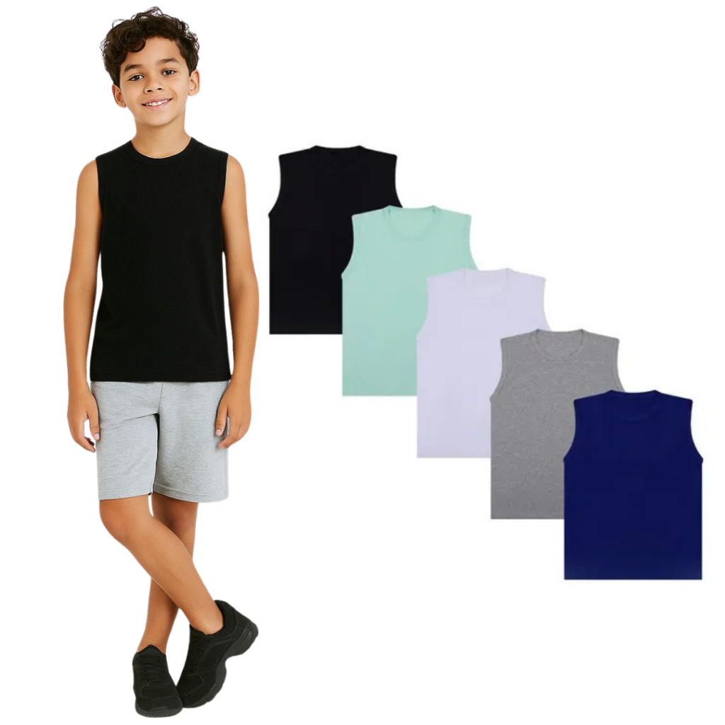 Kit 5 Regatas Básicas Infantil Menino 3 Ao 16 Juvenil 100% Algodão em Oferta na Shopee