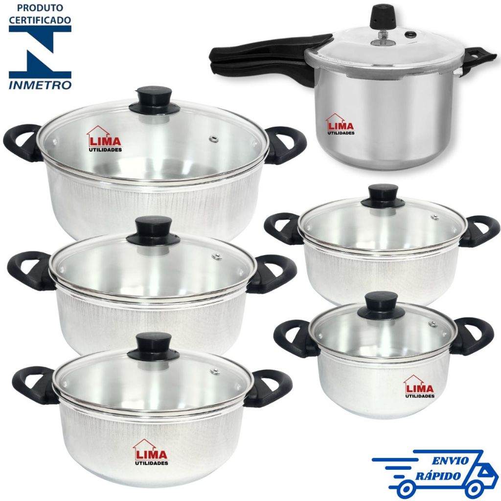 Jogo 6 Peças Com 5 Panelas Polida Tampa de Vidro 16/24 + Panela De Pressão Fechamento Externo 4,5L em Oferta na Shopee