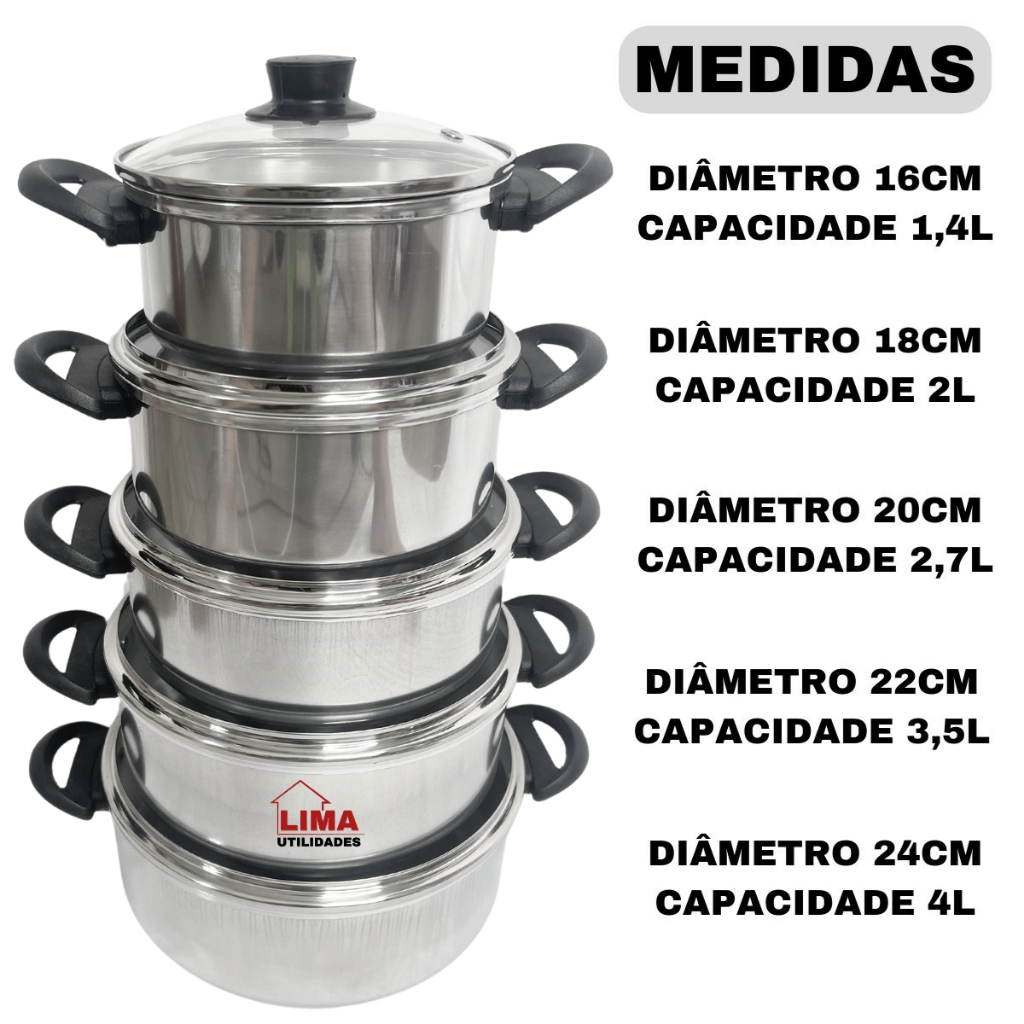 Jogo 6 Peças Com 5 Panelas Polida Tampa de Vidro 16/24 + Panela De Pressão Fechamento Externo 4,5L