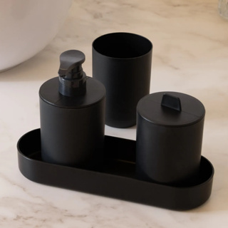 Kit 4 Peças Banheiro Saboneteira Porta Escovas Bandeja Fibra Bambu PP Pia Lavabo Lyor Dispenser Sabonete Liquido Algodao em Oferta na Shopee