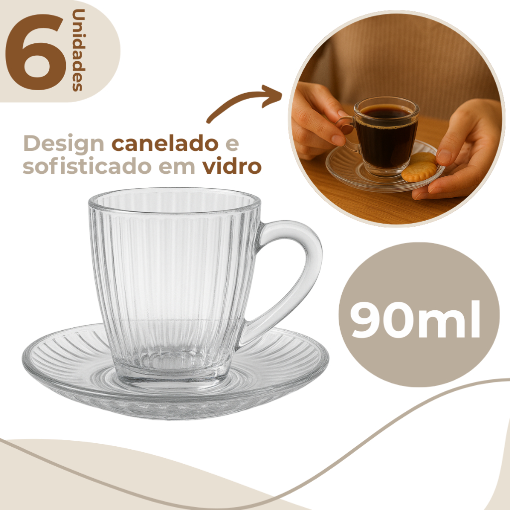 Jogo 6 Xícaras Canelada Café Chá 90ml Caneca Sleek