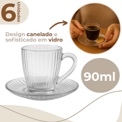 Jogo 6 Xícaras Canelada Café Chá 90ml Caneca Sleek