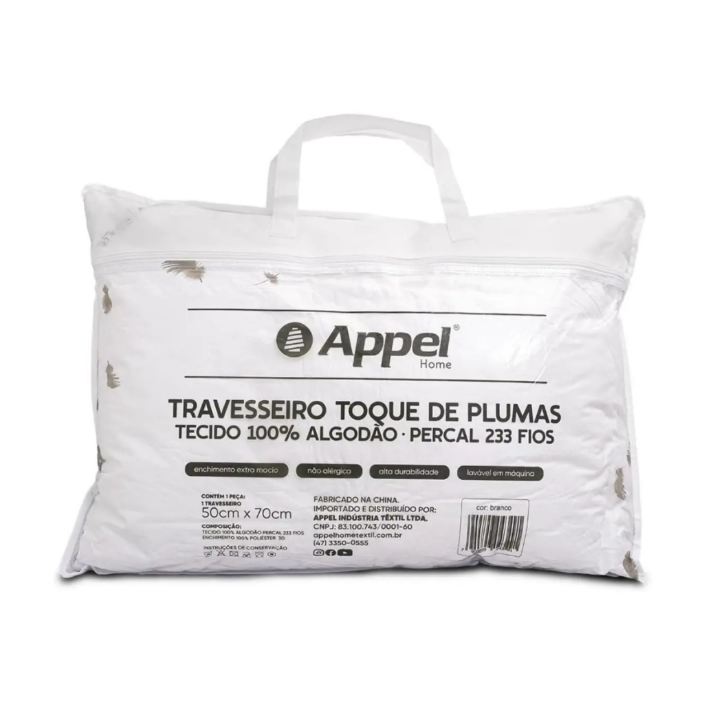 Travesseiro Toque De Plumas 100% Algodão Lavável em Máquina Não Alérgico Percal 233 Fios Branco