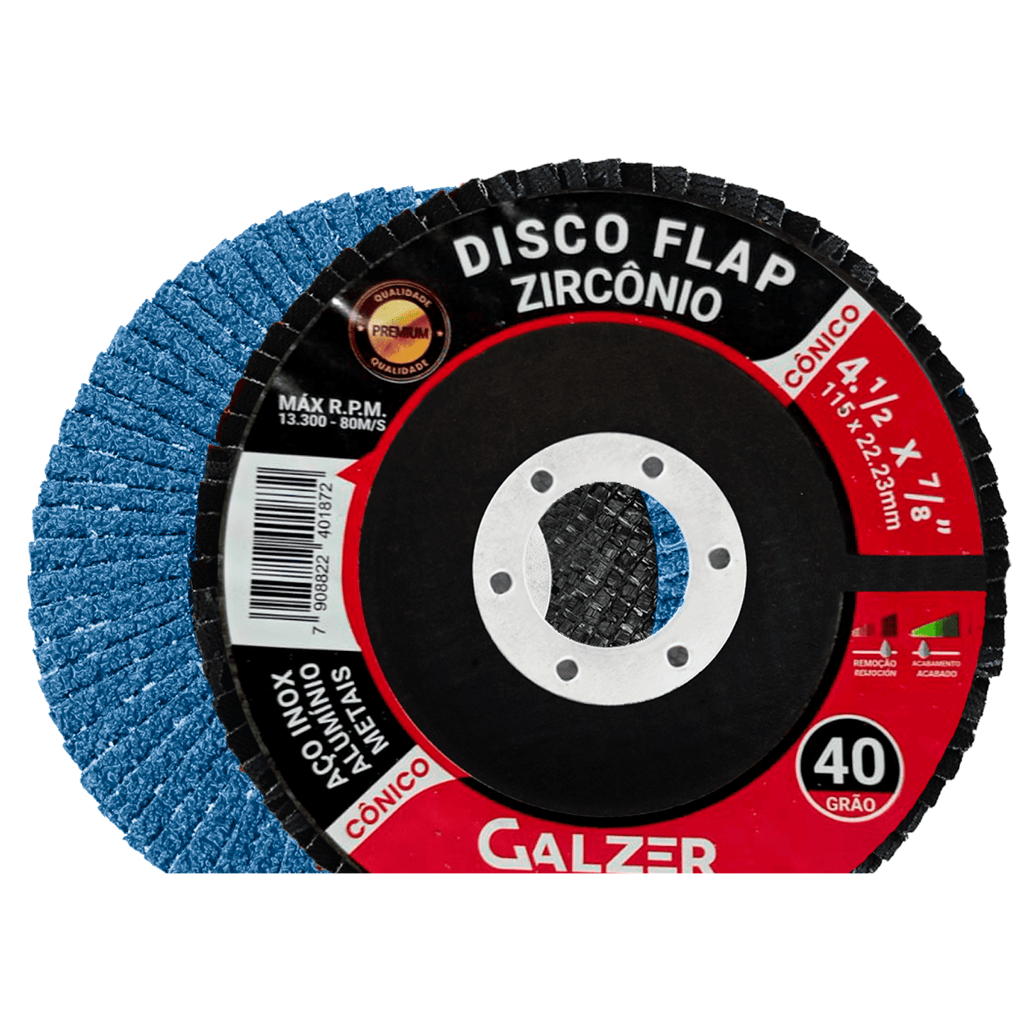 Disco Flap Zircônio Premium Reto conico 4.1/2 Grão 40 Galzer em Oferta na Shopee