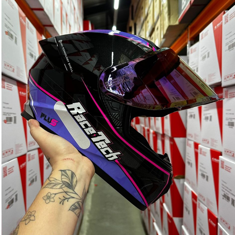 CAPACETE RACE TECH SUPER OFERTA EXCLUSIVO HIT PLUS PRETO/ROXO + VISEIRA CRISTAL + VISEIRA ROXA CAMALEÃO + BRINDE TOP em Oferta na Shopee