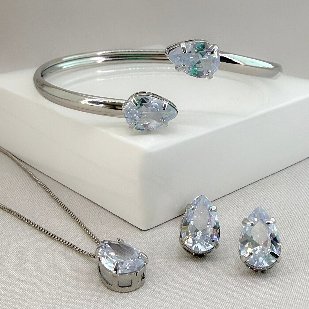 Conjunto Luxo Feminino Colar, Brinco e Pulseira Gota Cristal
