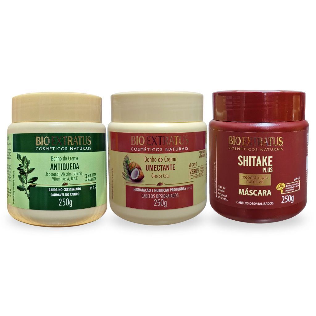 Kit Cronograma Capilar BioExtratus Banho Creme Umectante Antiqueda 250G Máscara Shitake 250G H/N/R