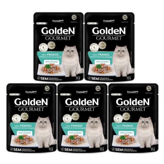 Kit 5 Sachê Golden Gourmet Gatos Castrados Carne e Frango 70g
