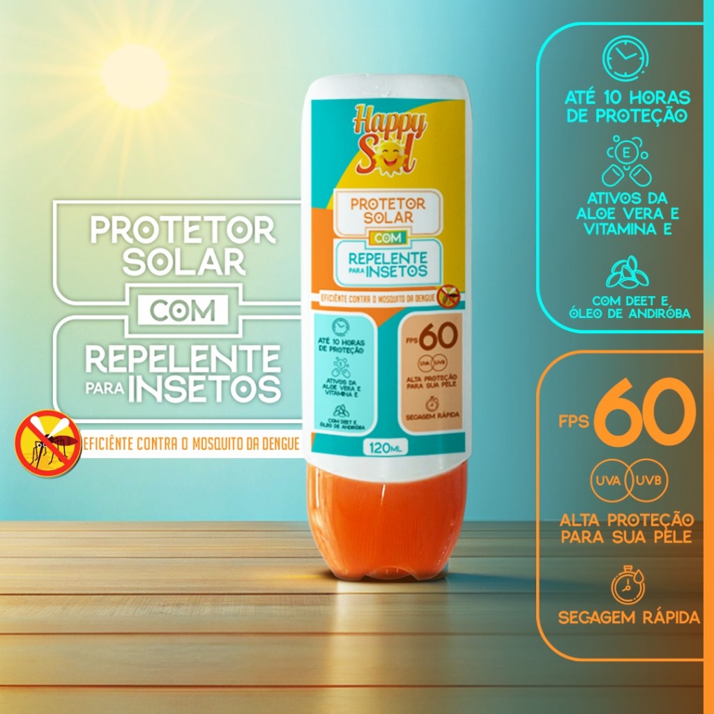 Protetor Solar com Repelente FPS 60 Happy Sol 120ml Resistente Água