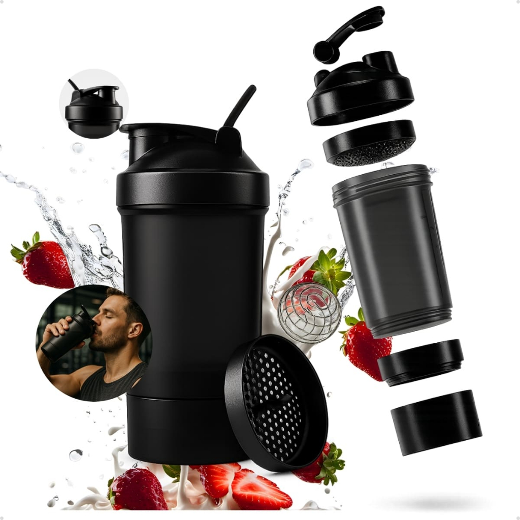 Coqueteleira Academia Shakeira 500ml com Esfera Misturadora e Compartimento Academia e Suplementos Preta em Oferta na Shopee