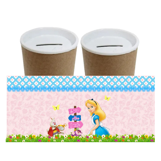 tubo lata cofrinho personalizado tema Alice Pais das Maravilhas cofre festa infantil cha revelação tubo lata chá de bebê