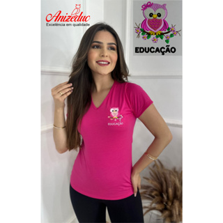 Camiseta  Blusa Feminina Educação Bordado Coruja em Oferta na Shopee