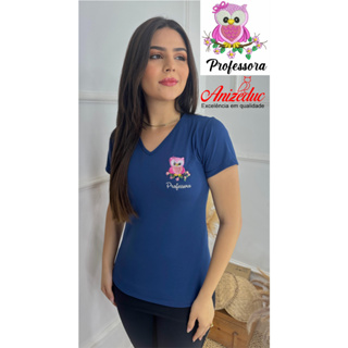 Camiseta Feminina Professora Bordado Coruja Baby look Uniforme Confortável Escolar em Oferta na Shopee
