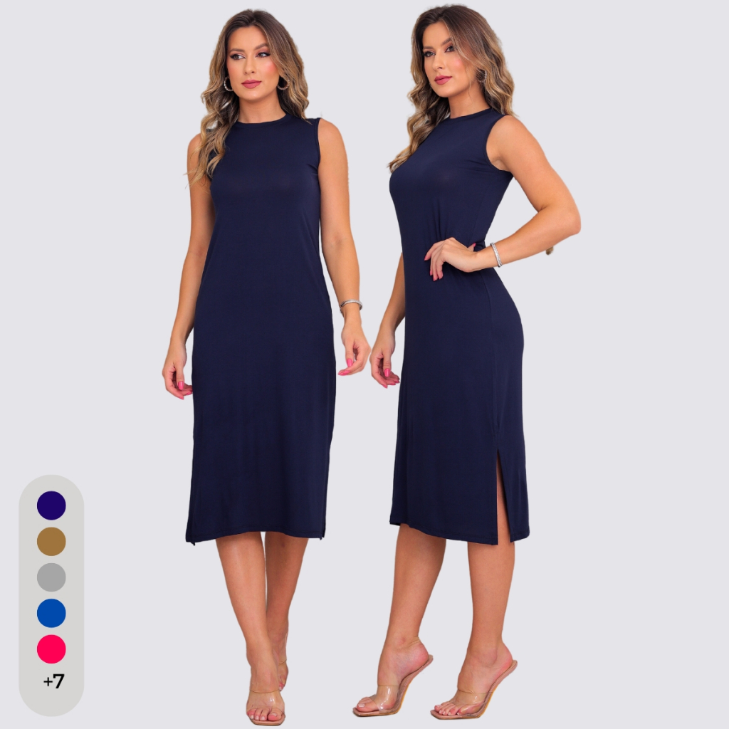 Vestido Midi Tubinho Básico Malha Viscose Confortável Verão Casual Com Fenda em Oferta na Shopee