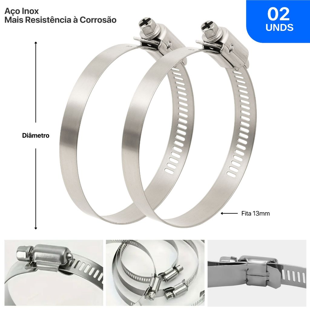 Kit 02 Abraçadeiras 125mm 5 Pol Aço Inox Anel Fixação Dutos Mangueiras Tubo Pvc Exaustor Portátil