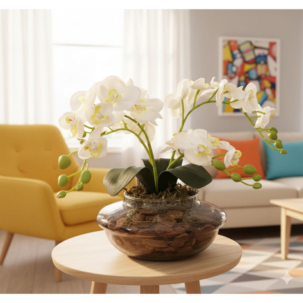 ARRANJO DE ORQUÍDEA 4 GALHOS - COR BRANCA, ROXA, ROSA, LARANJA, CORAL - VASO DE VIDRO C/ CASCAS