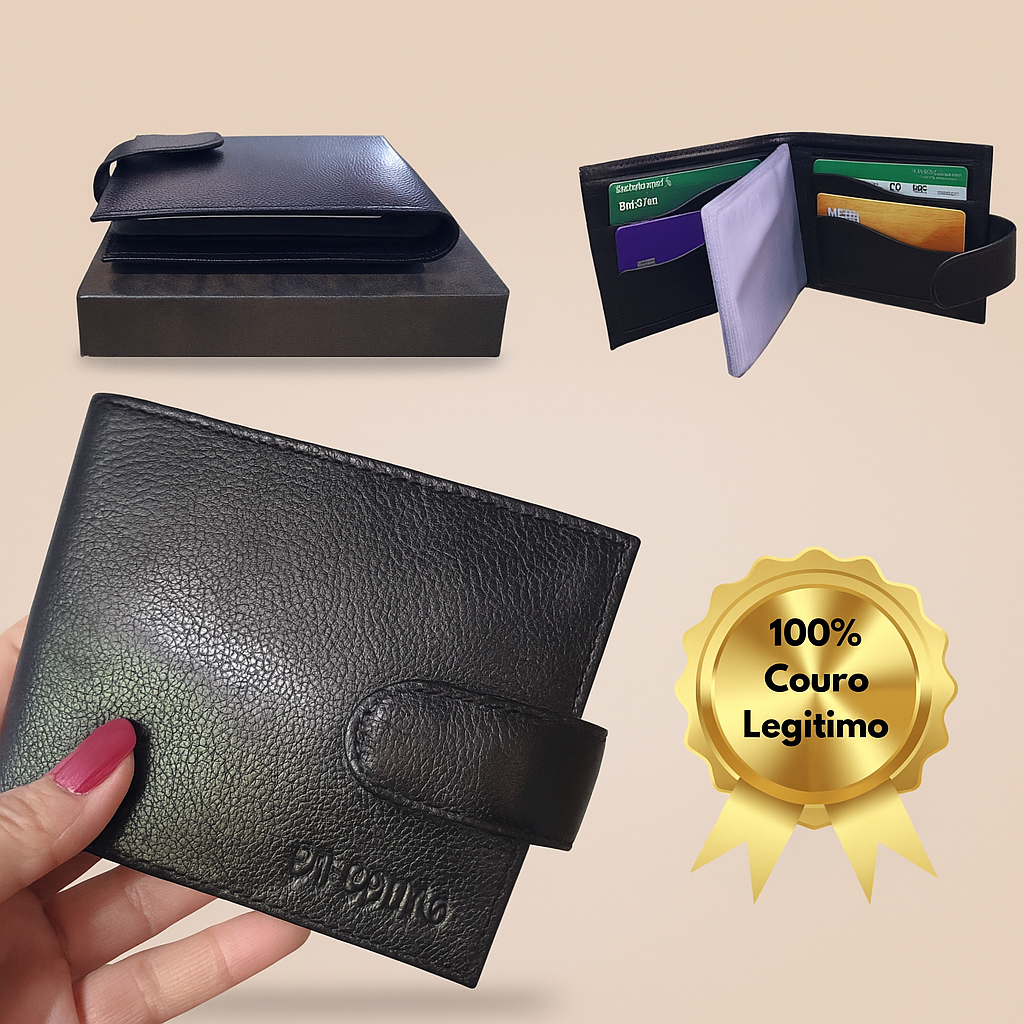 Carteira Masculina Couro Legítimo com Fecho Porta Documentos Cartões Preta ou Marrom