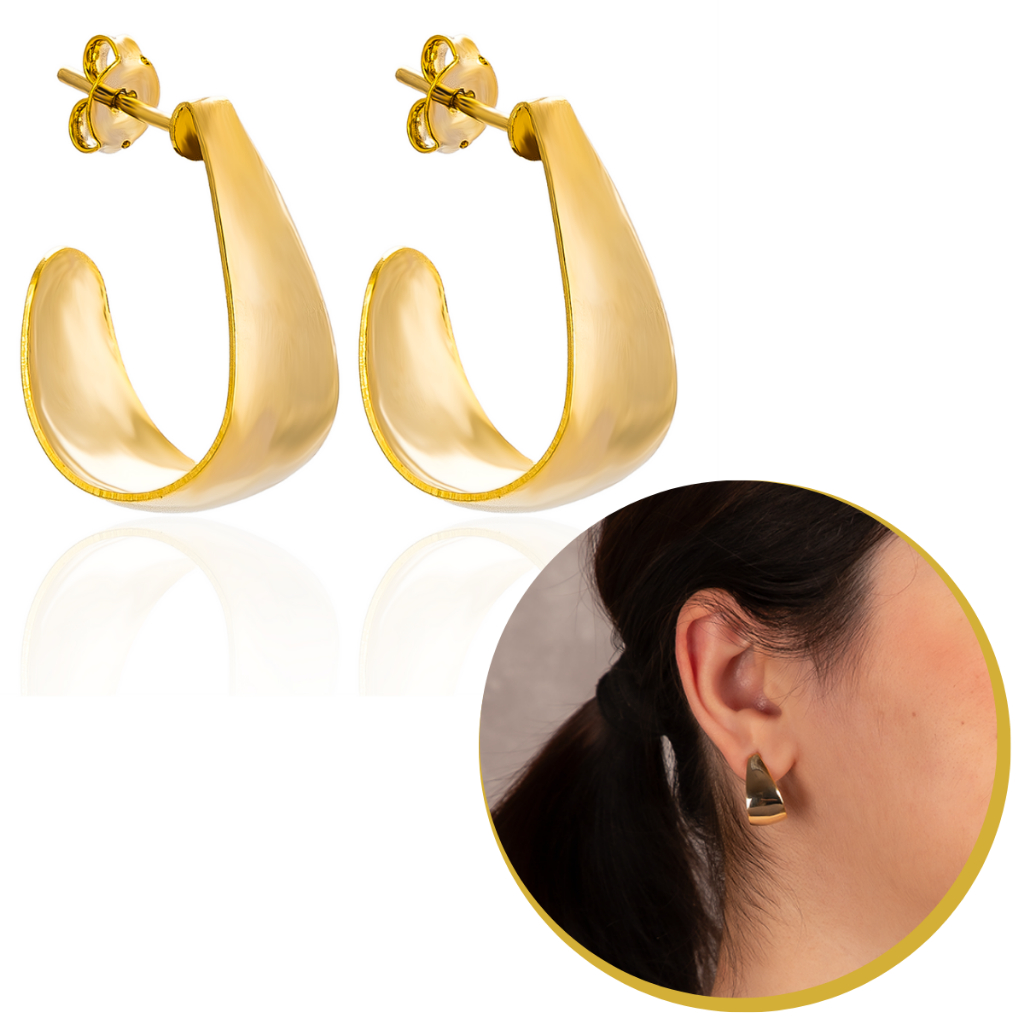 Brinco Meia Argola Média Gota Lisa Banhada A Ouro Elegante Argola Lisa Feminina Dourada