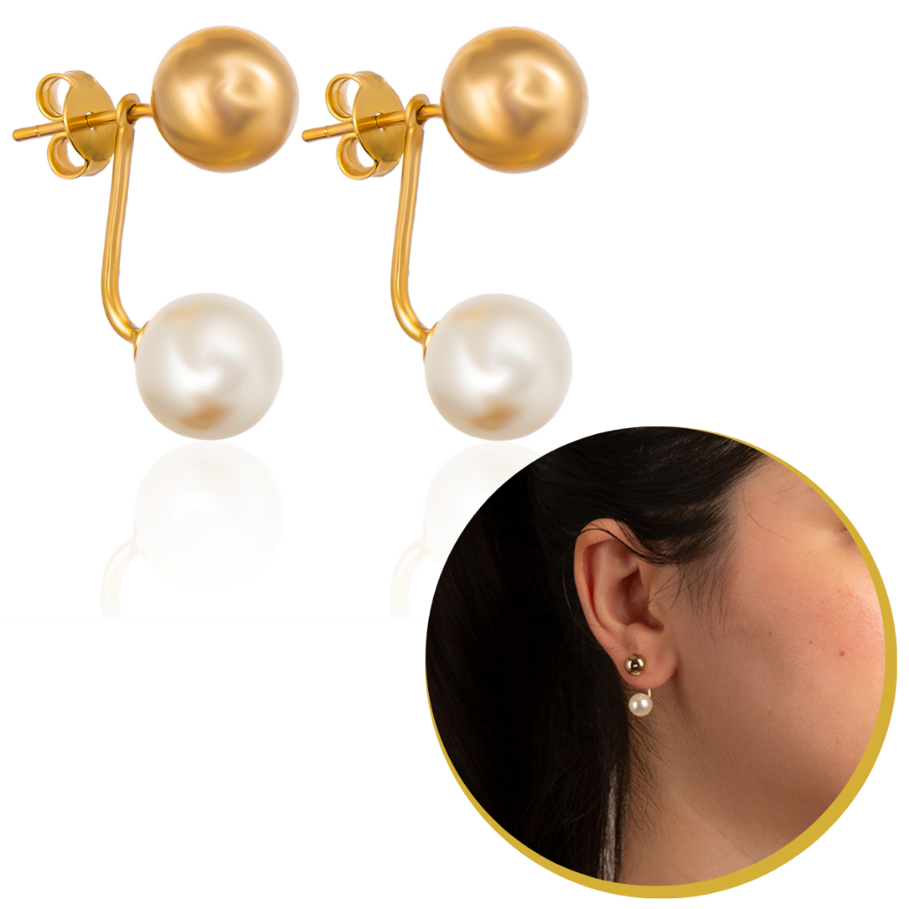 Brinco Pérola Ear Jacket Esfera Lisa Banhado A Ouro 2 Em 1 Brinco Feminino Bolinha Com Pérola