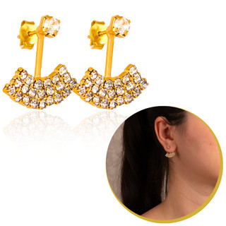 Brinco Dourado Com Zirconia Ear Jacket Moda Estilo Blogueira Brinco Pendulo Cravejado Ouro 18k