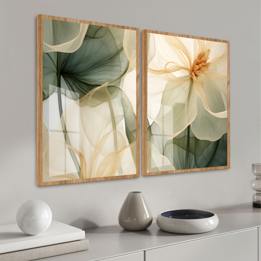 Quadro Moldura e Vidro Flor Verde e Bege Duas Peças Grandes Decoração Para Sala Quarto Escritório