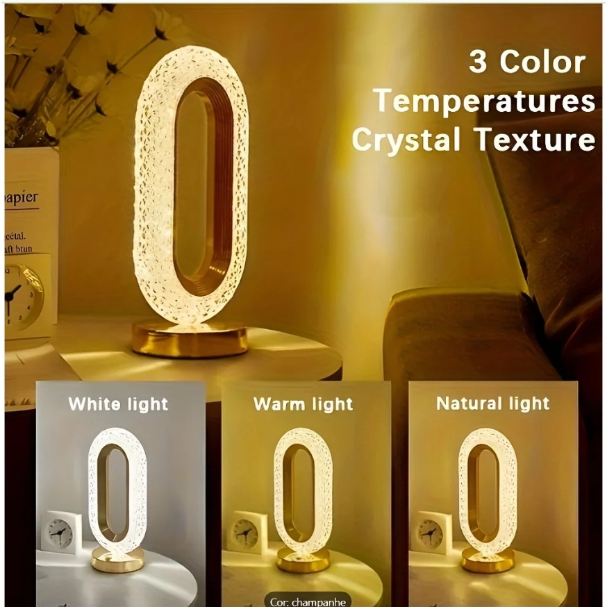 Luminária Abajur de Mesa Lâmpada Quarto Luxuosa Recarregavel Acrílico 3 Tons de Led