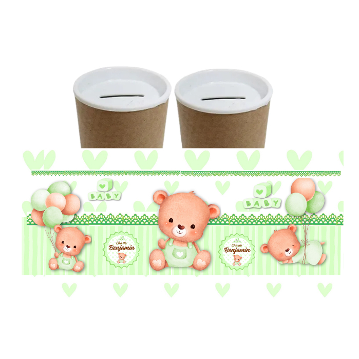 tubo lata cofrinho personalizado tema URSINHO VERDE cofre festa infantil cha revelação tubo lata chá de bebê
