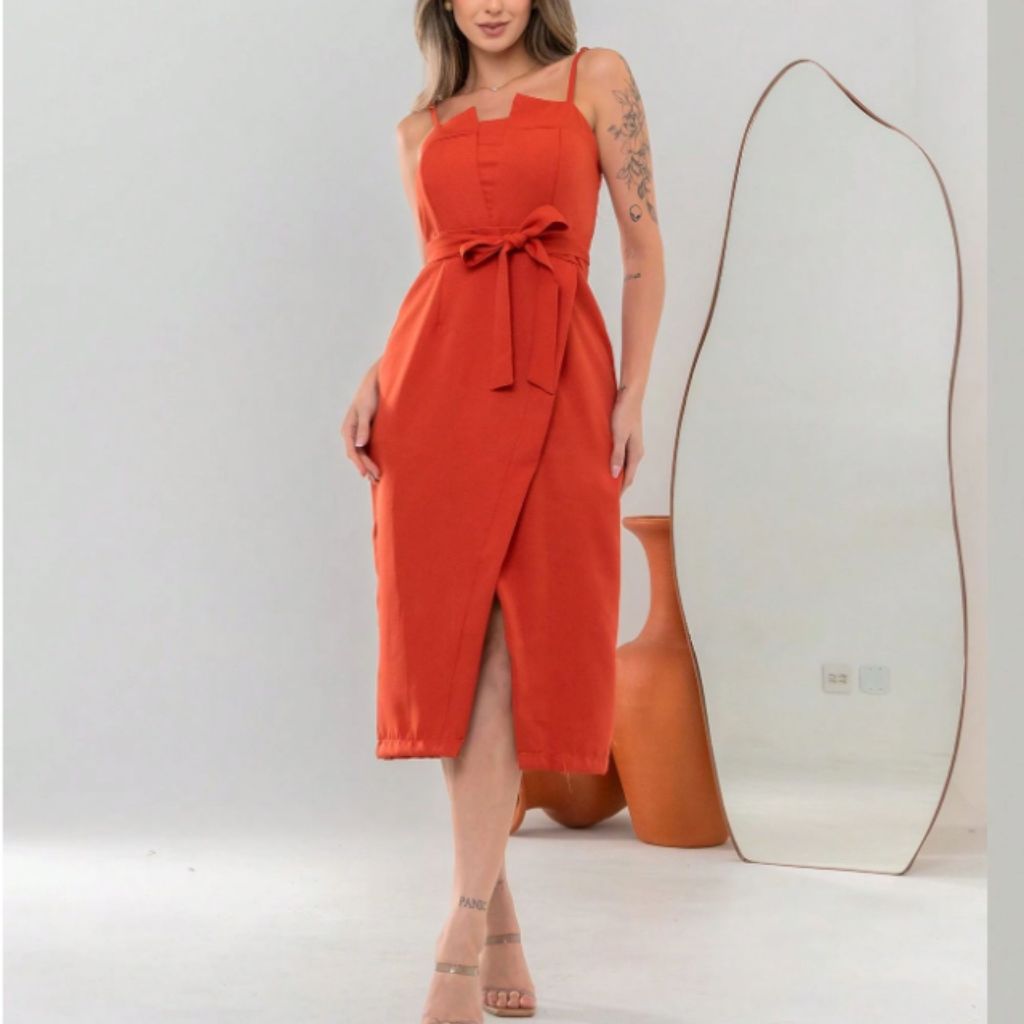Vestido Midi Alfaiataria Com Fenda Alça Moda Super Tendencia PROMOÇÃO