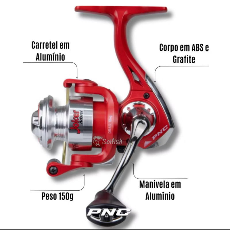Detalhes do Molinete Joker Mini, 3 cores, manivela e carretel em Alumineo, drag 5kg, 020mm 145 metros