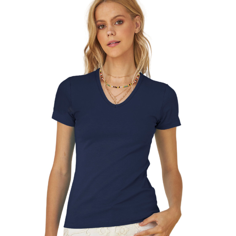 Blusa Feminina Camiseta T-shirt Básica Gola V Lisa Tradicional Kb305-c1