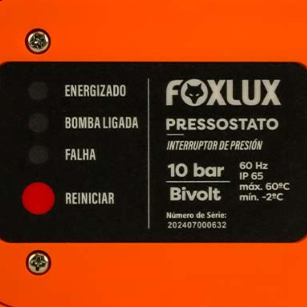 Detalhes do Pressostato Eletrônico Bivolt Foxlux para Bomba D’Água com Controle Automático de Pressão IP65