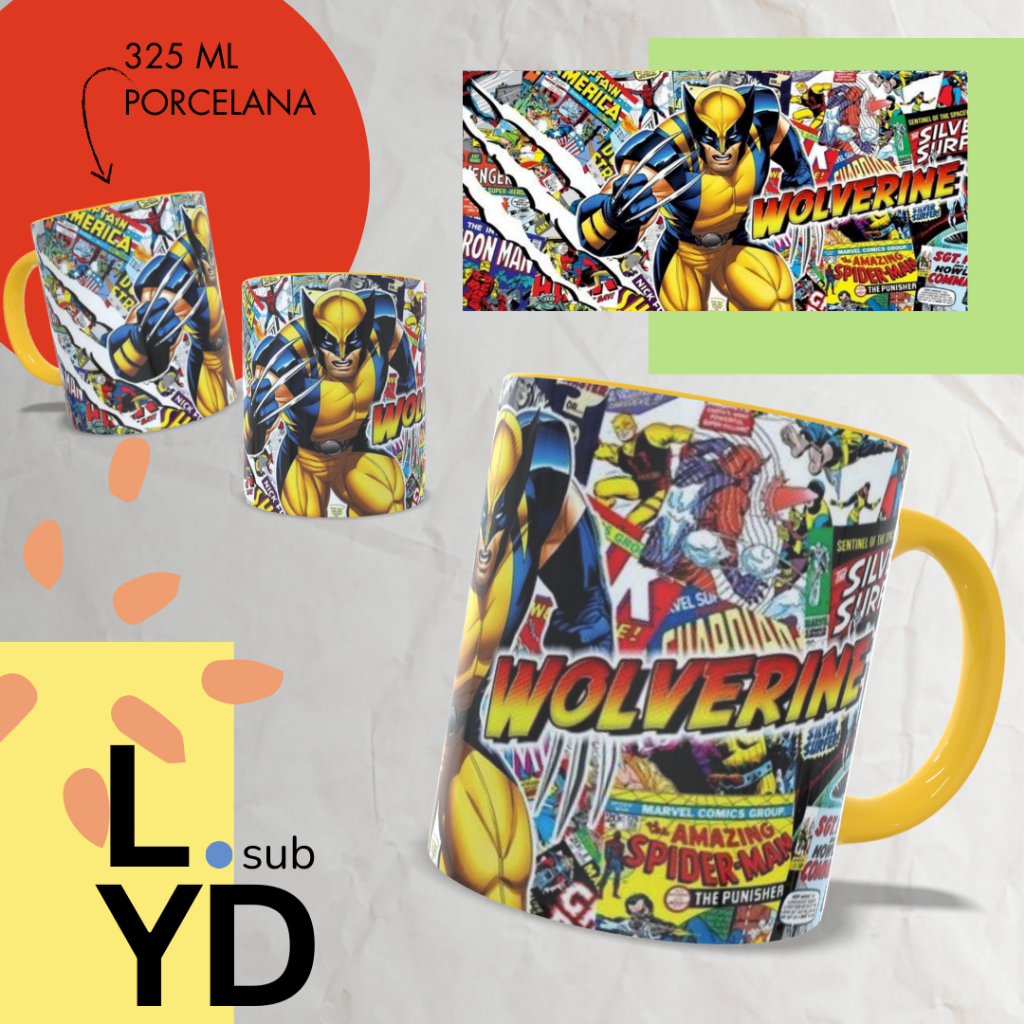 Caneca Personalizada Wolverine Alça e Interior Amarelo Xícara Porcelana Wolverine Marvel Presente