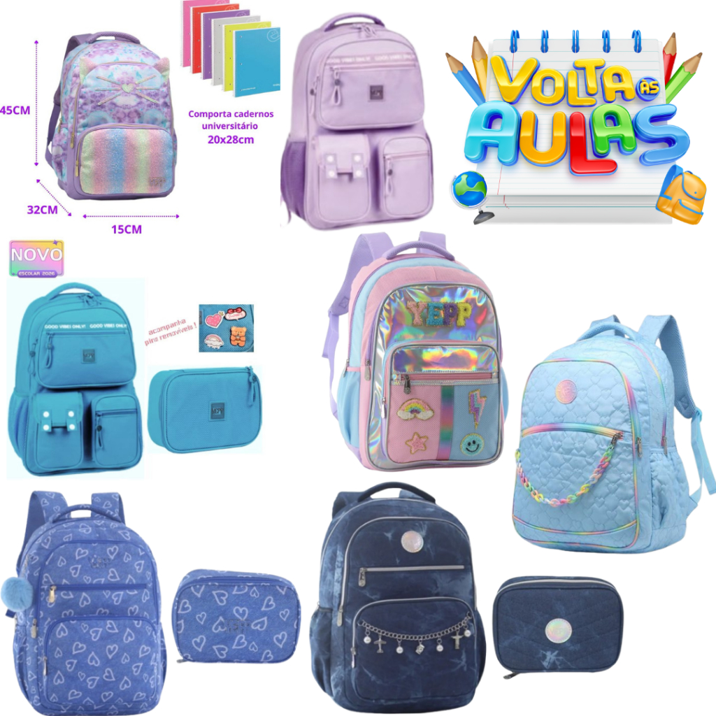 Mochila Escolar Feminina Ou Kit Com Estojo Juvenil Volta Às Aulas 2026 Coleção Nova - Yepp