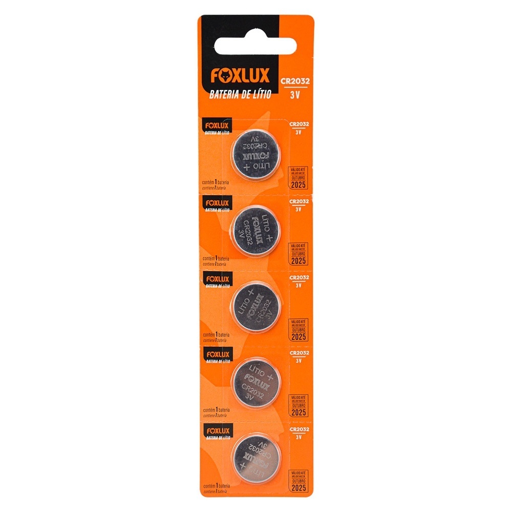 Bateria de Lítio Foxlux CR2032 3V Cartela com 5 Unidades Para Relógios Placas Controles e Balanças