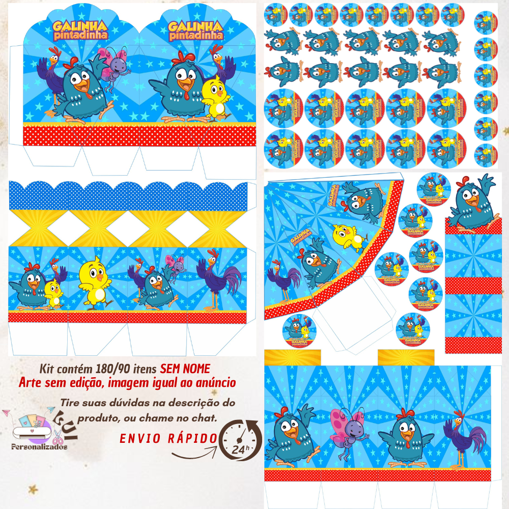 KIT COM 180/90 ITENS LEMBRANCINHAS S/COM NOME TEMA: GALINHA PINTADINHA AZUL (Envio Rápido)
