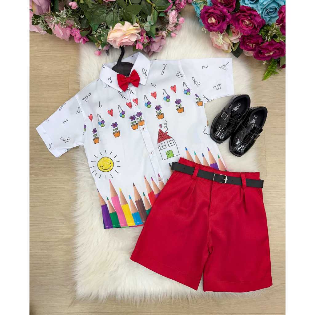 KIT CAMISA+SHORT+CINTO+GRAVATA Masculino - Conjunto Miss cherry Meninos - Lapis Aquarela Vermelho/Azul ABC