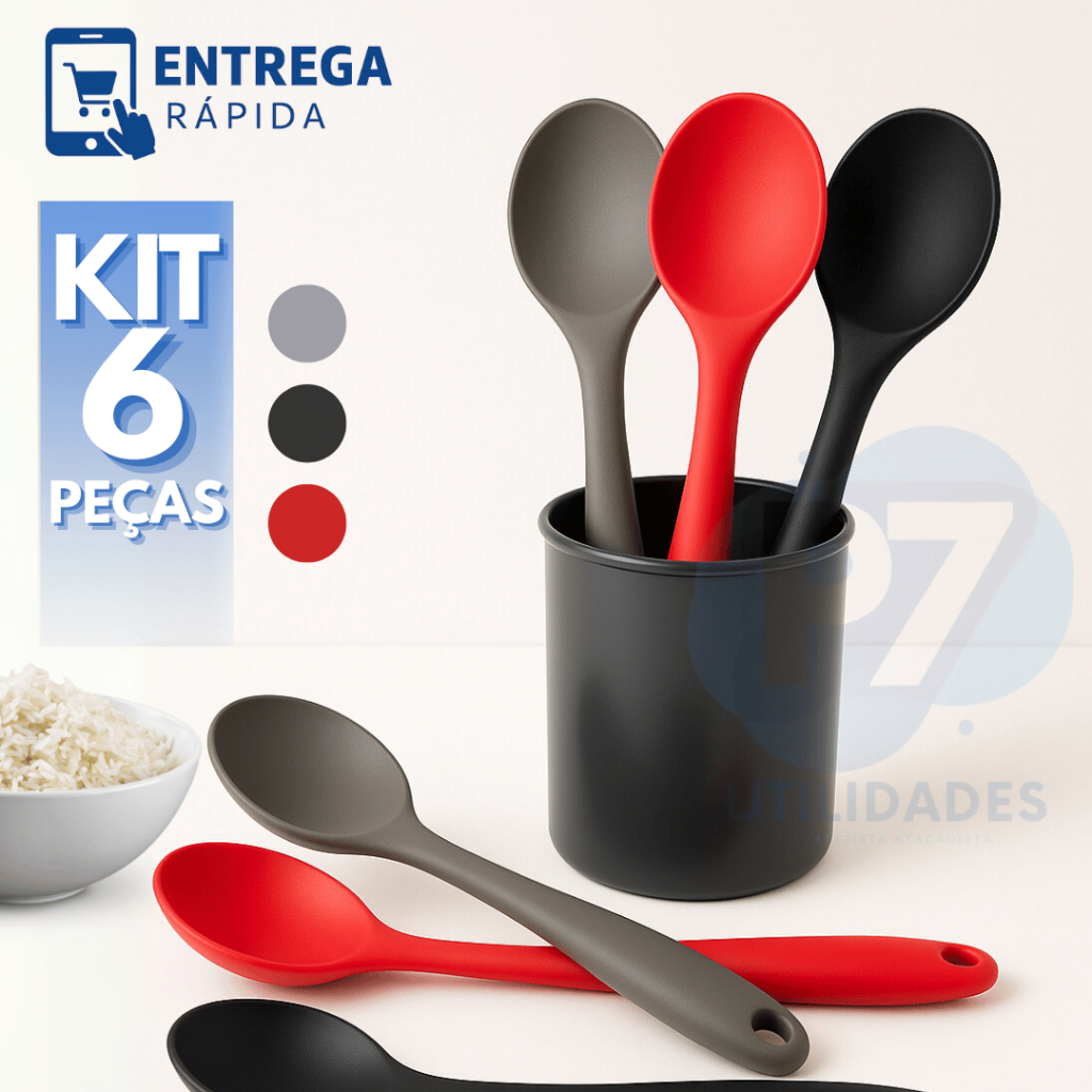 Kit 6 Colher de Silicone Antiaderente Utensílios de Cozinha Jogo de Colheres de Arroz de Silicone em Oferta na Shopee