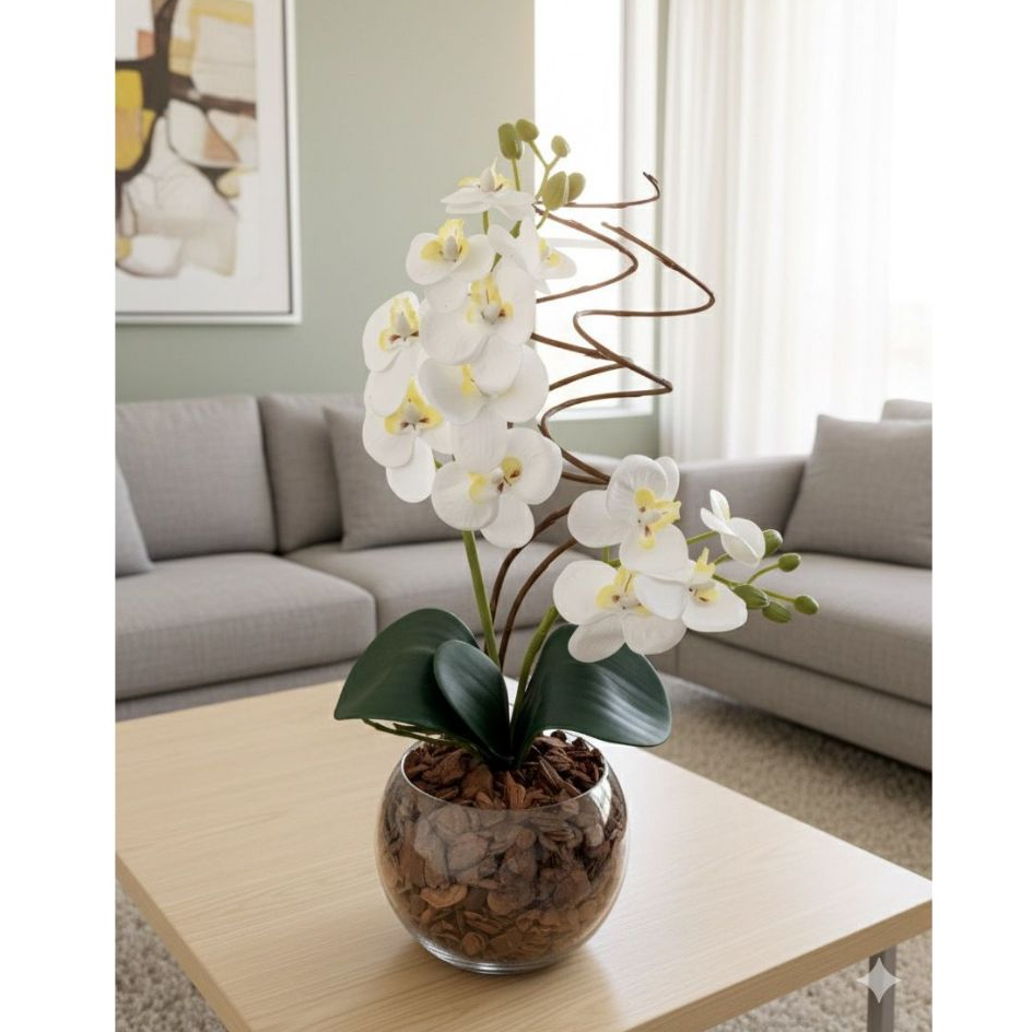 ARRANJO DE ORQUÍDEA NO VASO DE VIDRO + ROCOCÓ - 40 CM ALTURA PRONTO PARA DECORAR