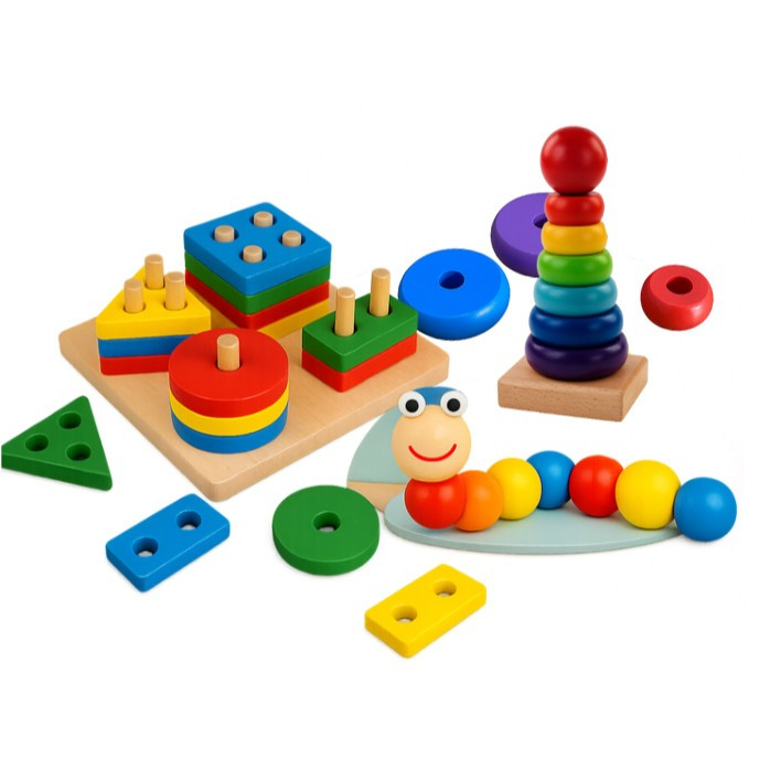 Kit de Brinquedo Educativo Montessori de Madeira - Formas Geométricas - 3 Jogos
