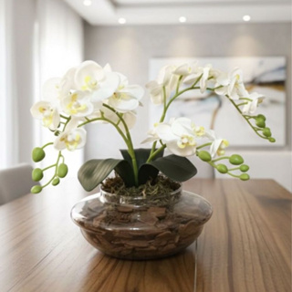 Arranjo Especial com Orquidea 4 Galhos Vaso de Vidro Trabalhado em Oferta na Shopee