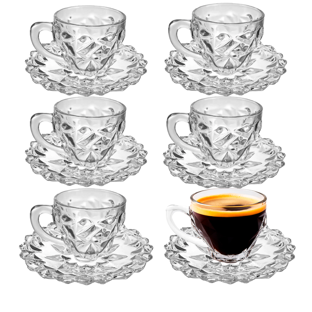 Kit jogo Conjunto Xícaras 105ml Com Pires 12 Peças Sendo 06 Xicaras e 06 Pires Diamond Rocks Vidro