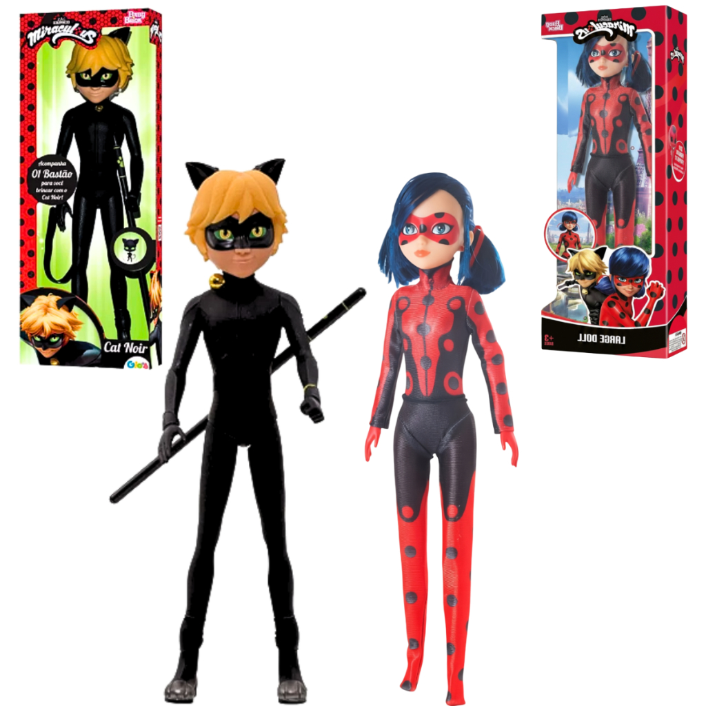 MEP Kit Boneca LADYBUG 55cm + Boneco CAT NOIR 56cm Articulados Original Infantil Bastão Feito Vinil Kit Boneco Novabrink