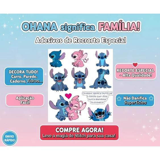 Adesivo Decorativo STITCH & ANGEL (OHANA) | Cartela 50x50cm - Recorte Especial Premium