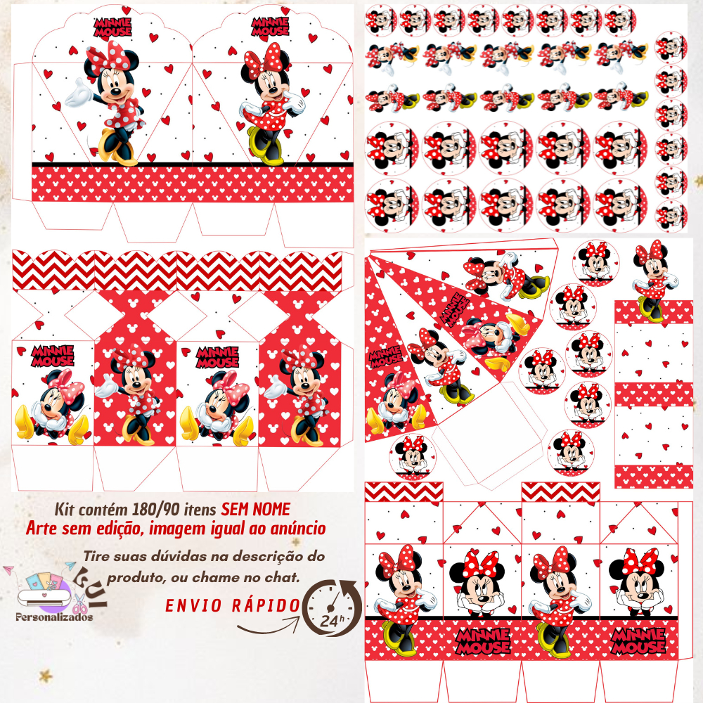 KIT COM 180/90 ITENS LEMBRANCINHAS S/COM NOME TEMA: MINNIE VERMELHA (Envio Rápido) em Oferta na Shopee